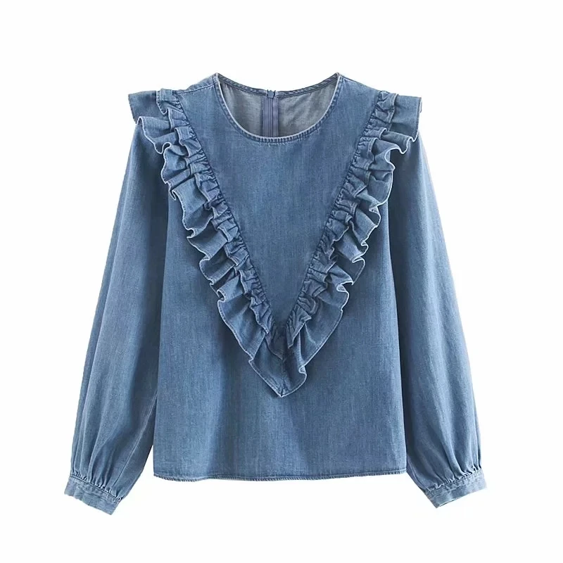 Northflow 2019 blusas блуза mujer de moda кимоно каскадные оборки однотонные джинсовые блузки с