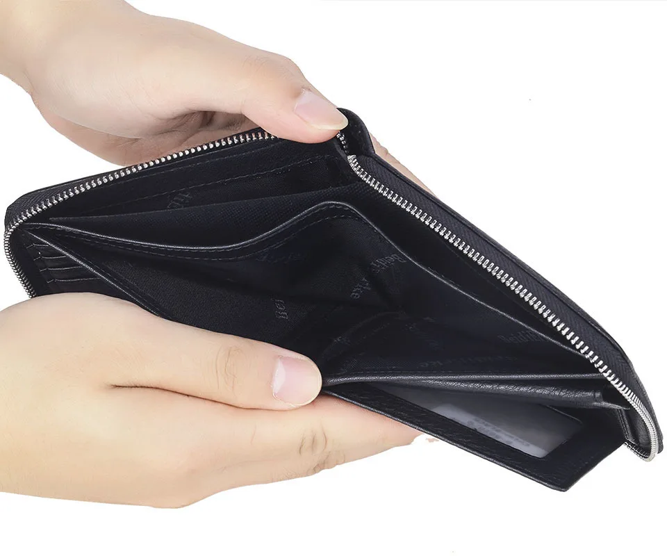 Black Real Genuine Leather Wallet Men Zipper Handbag Business Credit Cards Holder Coins Pures Billetera Monedero portefeuille | Багаж и