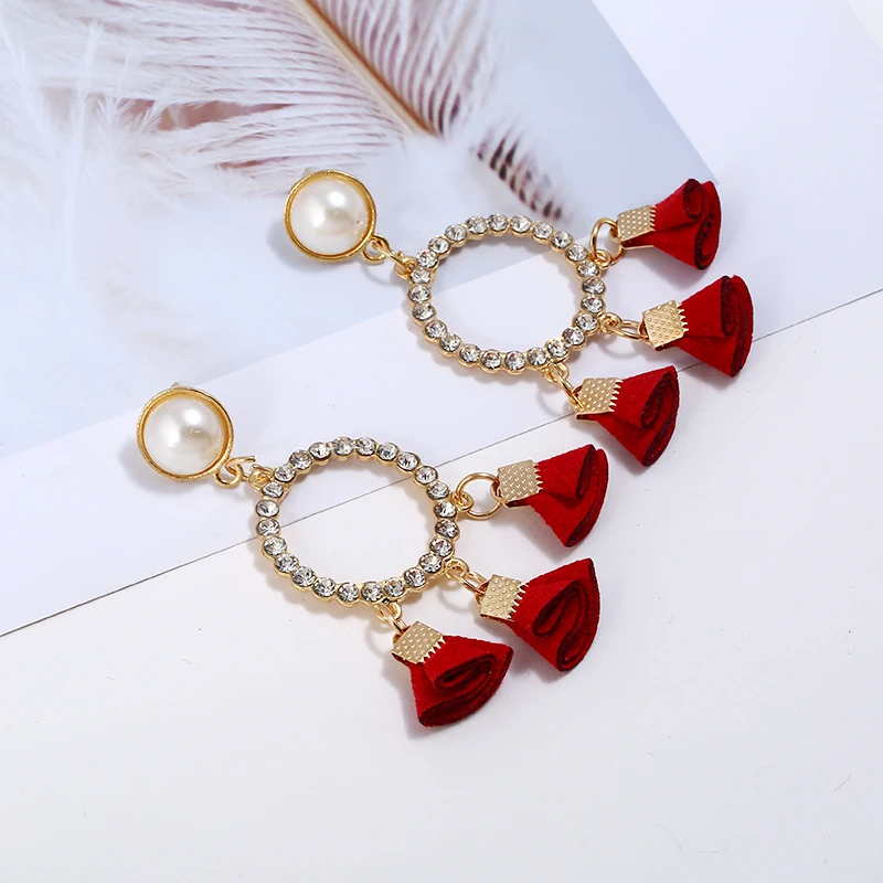 New Fashion Imitation Pearls Dangle Crystal Rhinestone Circles Fabric Tassel Drop Earrings For Women Statement Jewelry AE121 | Украшения и