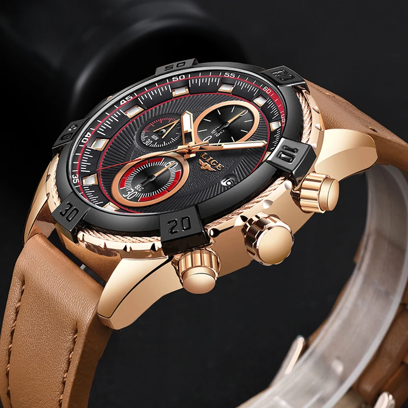 Часы наручные LIGE Мужские кварцевые брендовые Роскошные повседневные