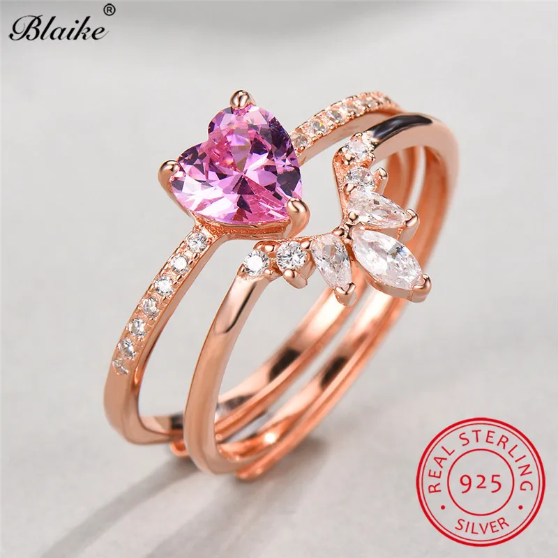 Blaike 925 пробы Серебряное кольцо комплект милый розовый сапфир камень свадебные