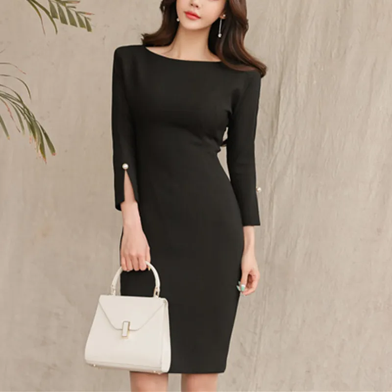 Осенне зимнее женское платье 2019 винтажное Черное вечернее с рукавом облегающее