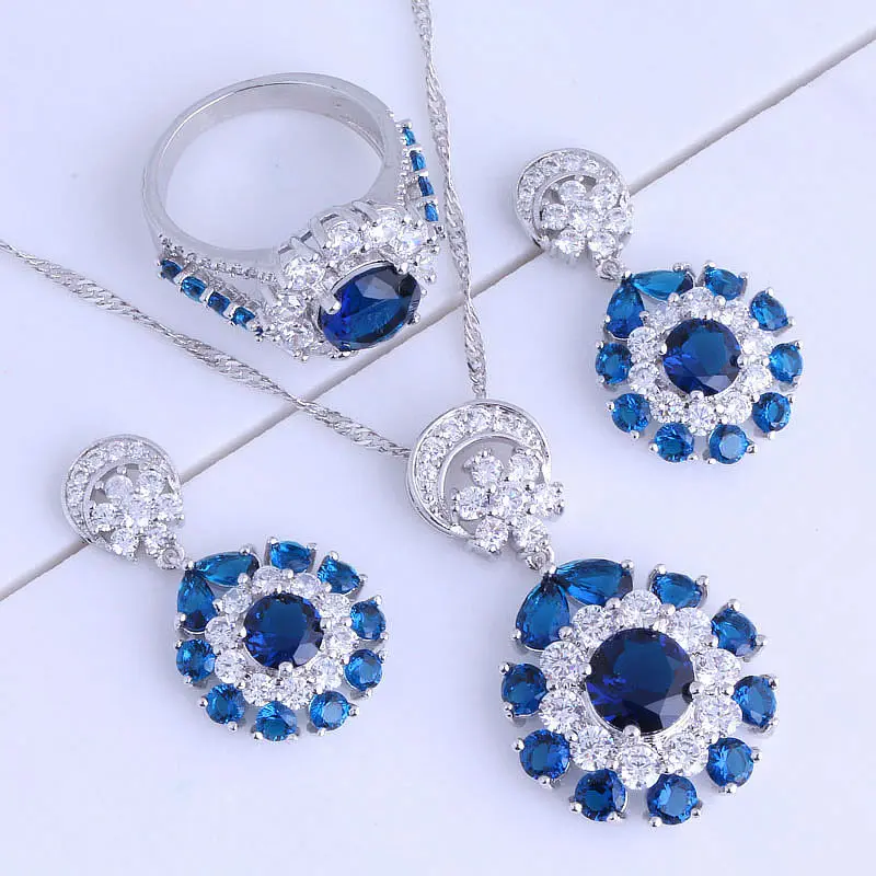 Женский роскошный комплект ювелирных изделий серебристого цвета с синим