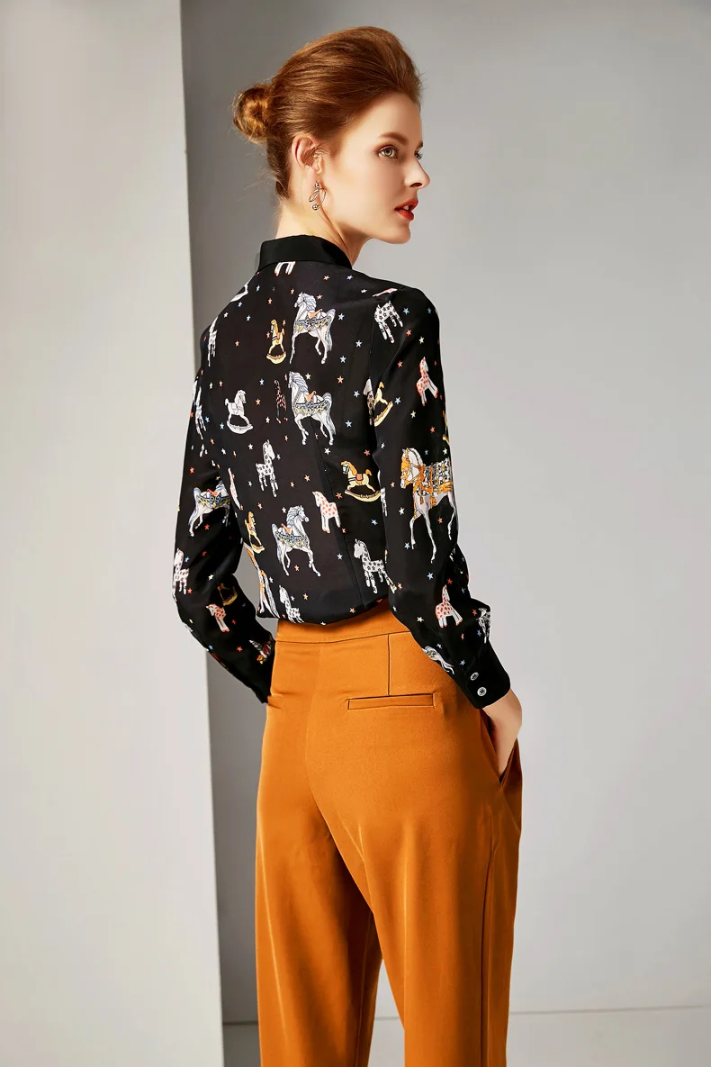 100% Pure Silk Women's Runway Shirts Turn Down Collar Animals Cartoons Printed Fashion |