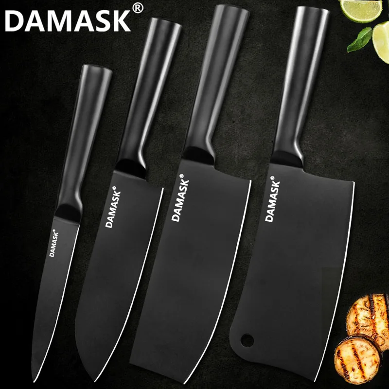 4 PCS Sets Дамасский Набор ножей шеф-повара 4Cr14mov ножи из нержавеющей стали Кливер Santoku Универсальный высокопрочный черный кухонный нож инструменты для приготовления пищи - Цвет: 4 PCS Sets