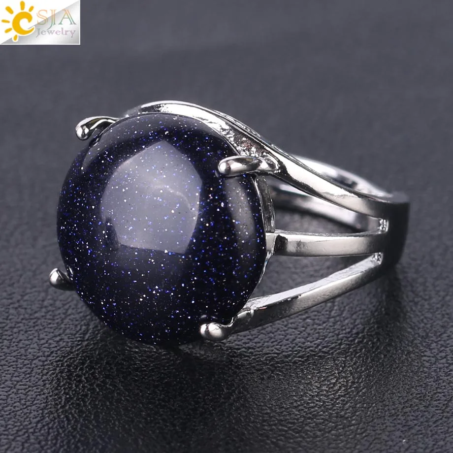 Blue Sand CSJA уникальное кольцо для женщин, натуральный камень, круглые бусины, повседневные кольца на палец, Фиолетовый Кристалл, кварц, серебряный цвет, вечерние ювелирные изделия F476 - Цвет основного камня: Blue Sand