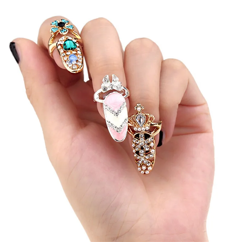 Women Ring Fashion Rhinestone Bowknot Crown Crystal Open Nail Finger Rings Female Personality Fake Nail Art Rings Beauty Jewelry images - 6