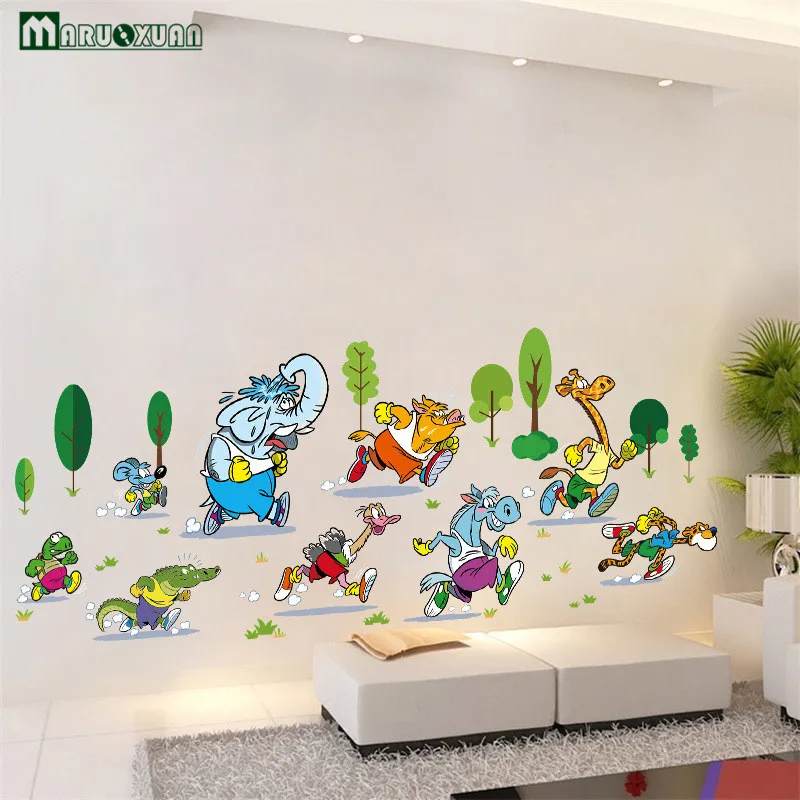 Maruoxuan Animals Marathon Cartoon Stickers Children's Room Living Bedroom Background Decorative PVC Wall | Дом и сад