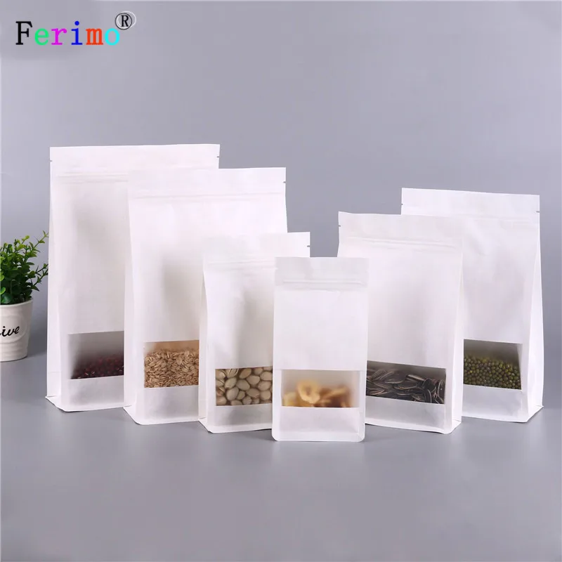 

Ferimo 100pcs The frosted window eight side sealing white kraft paper bag wolfberry nuts and seeds seeds pouch Candy storage Bag