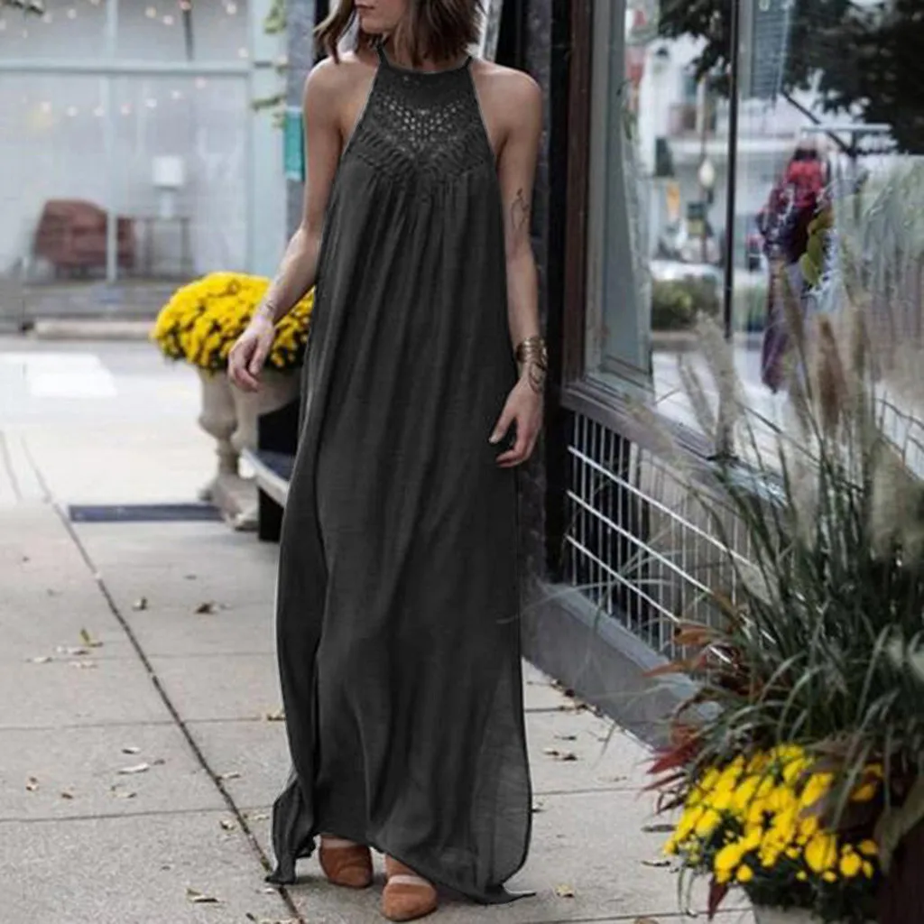 Женское красное платье в стиле бохо летнее твердый подвесной вырез элегантное