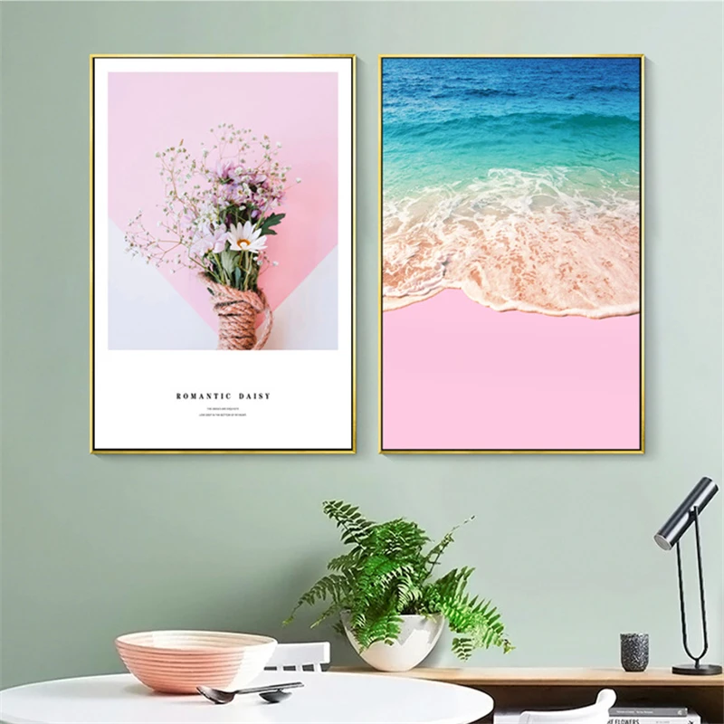 Nordic Spray Color Plant Blue Cactus Canvas Painting Flowers Pink Beach Sea Poster Modern Abstract Wall Picture Room Decoration | Дом и сад