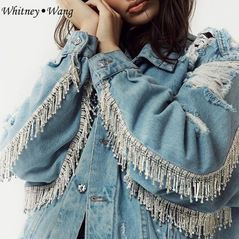 WHITNEY WANG весна осень мода уличная Bing Bling Алмазы кисточкой рваные джинсовые куртки женские стильные джинсовые пальто