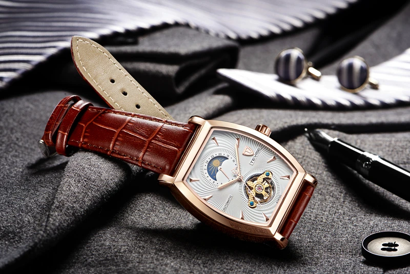 Tevise механические Автоматические часы для мужчин бизнес Tourbillon Топ люксовый бренд Relojes Hombre кожа Moon Phase часы 8383D