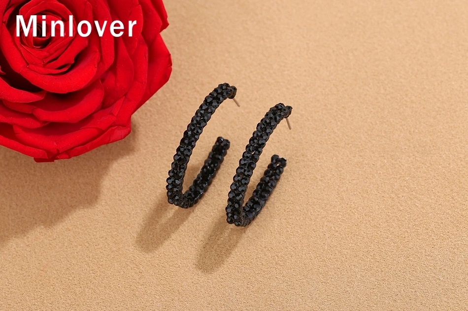 Minlover, новинка, черные стразы, круглые серьги-кольца для женщин, для невесты, геометрические круглые серьги, Brincos, вечерние, свадебные ювелирные изделия, MEH1451
