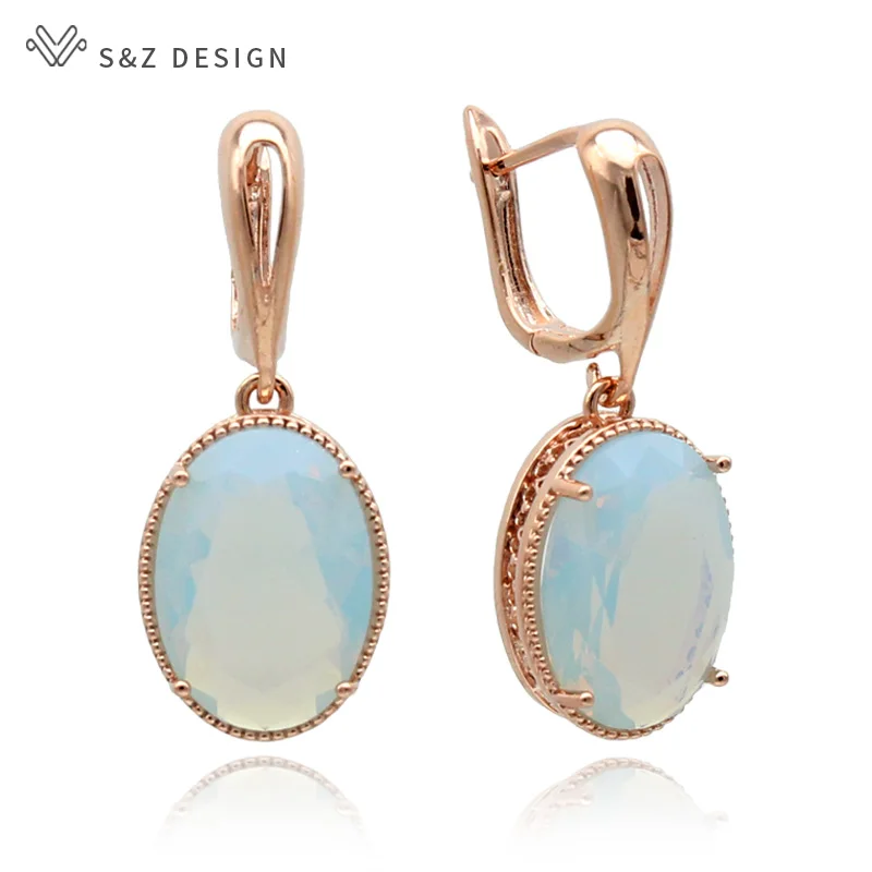 

S&Z New Oval Egg Shape Zircon Dangle Opal Earrings 585 Rose Gold White Gold European/American For Women Trendy Party Jewelry