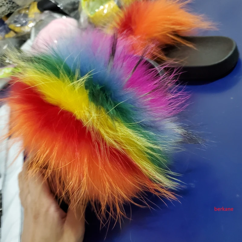 raccoon rainbow Тапочки с натуральным лисьим мехом; женские пушистые ползунки из меха енота и Гайаны; сезон лето; Красивая Женская обувь в Гане; Нигерия - Цвет: raccoon rainbow
