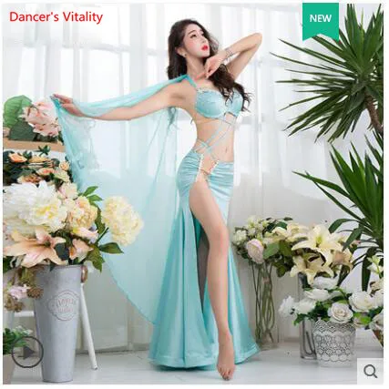 Mint Green Костюм танца живота женщин сексуальный шелковый конкурс восточных танцев роскошный бюстгальтер+ бифуркация длинная юбка мятно-зеленый костюм 2шт - Цвет: Mint Green