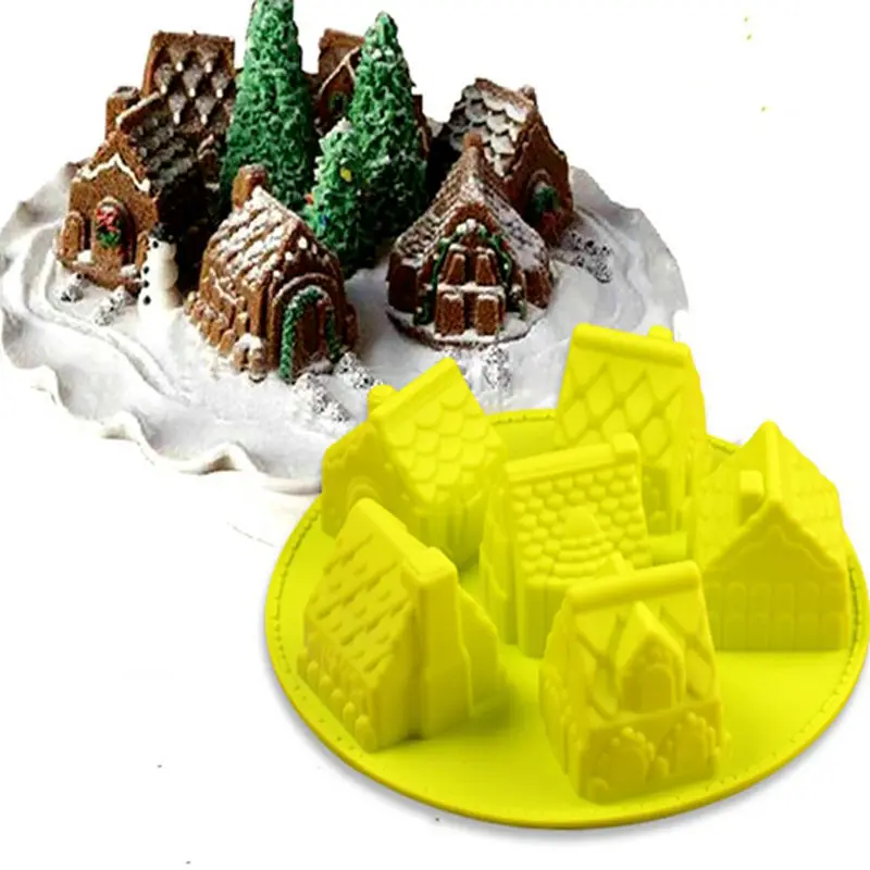 Семья fondant Торт украшения 6 отверстий Рождественский замок силиконовые формы для