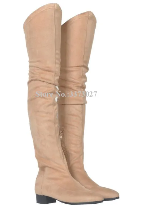 Beige Пикантные эластичные женские высокие сапоги на плоской подошве; модные сапоги до бедра с острым носком на тонкую ногу; женские мотоциклетные сапоги выше колена из лучшей кожи - Color: Beige