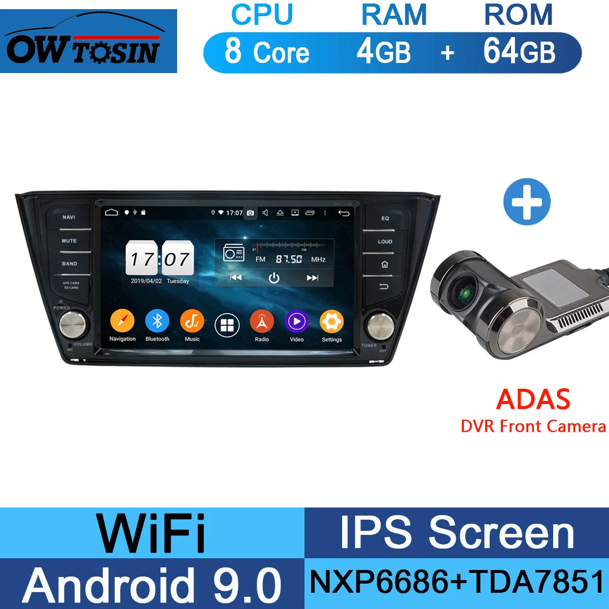 64G Adas Camera 1920*1080 " ips Восьмиядерный 4 Гб+ 64 ГБ Android 9,0 автомобильный dvd-плеер для Skoda Fabia Радио Стерео gps CarPlay Parrot BT - Цвет: 64G Adas Camera