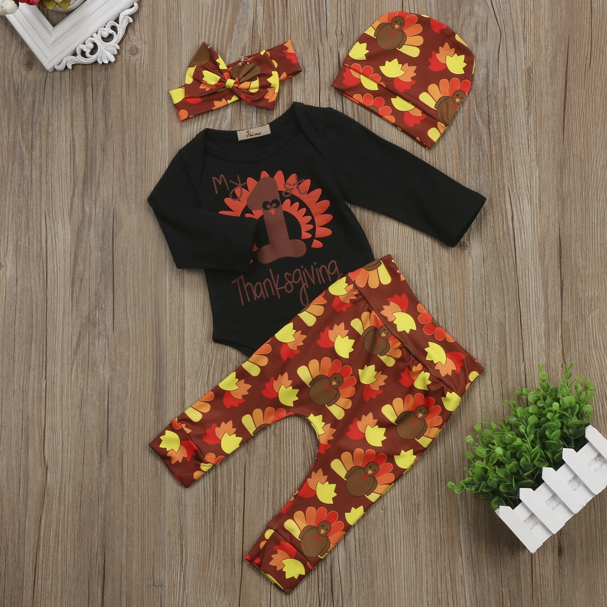 

My 1st Thanksgiving Newborn Kids Thanksgiving Baby Boy Girl Clothes Hat Romper Bodysuit Outfit 4pcs Baby Clothing Set