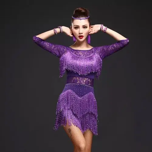 Purple Long Платья для латинских танцев со средним рукавом для женщин и девушек, сексуальная юбка с блестками и бахромой для бальных танцев, Танго, сальсы, румбы, платья для латинских танцев, одежда - Цвет: Purple Long