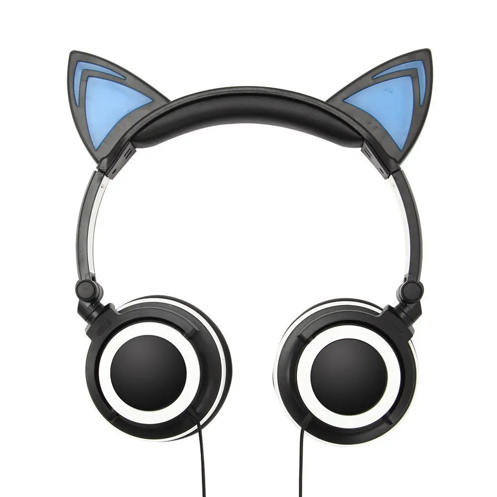 black with blue Складные Наушники с кошачьими ушками, игровая гарнитура, наушники со светящимся светодиодный светильник для компьютера, ПК, ноутбука, сотового телефона, подарок для девочек, детей - Цвет: black with blue