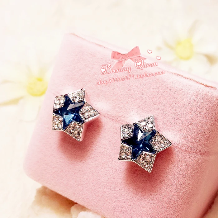 Особые корейские импортные милые сладкие изящные серьги с голубо-зелёными звёздными драгоценными камнями в форме пятиконечных звёзд.