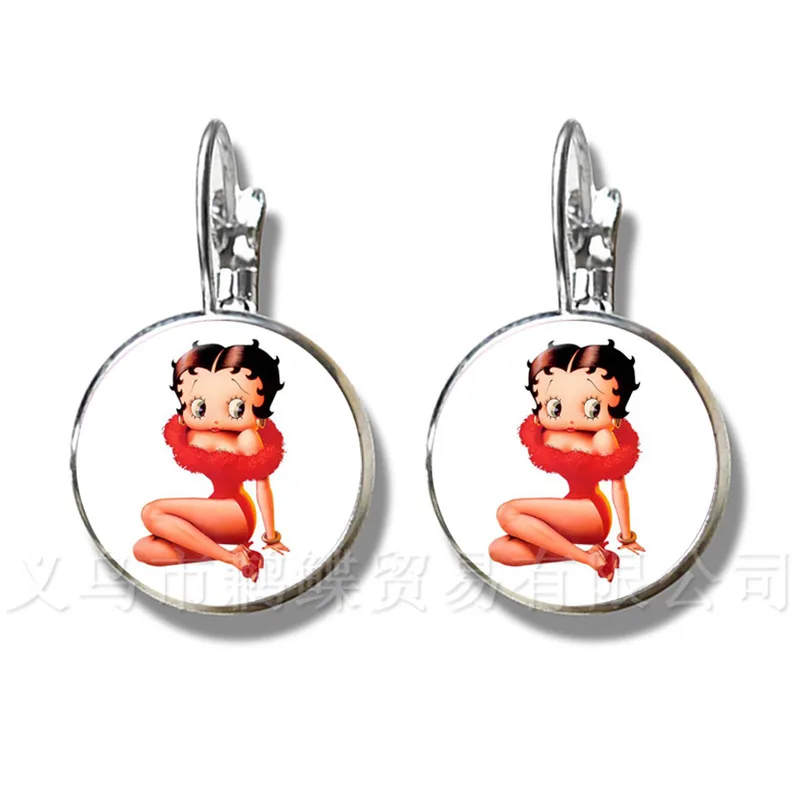

1pcs 16mm Round Glass Cabochon Handmade Betty Boop Earrings For Women Silver Plated Stud Earrings Creative Gift