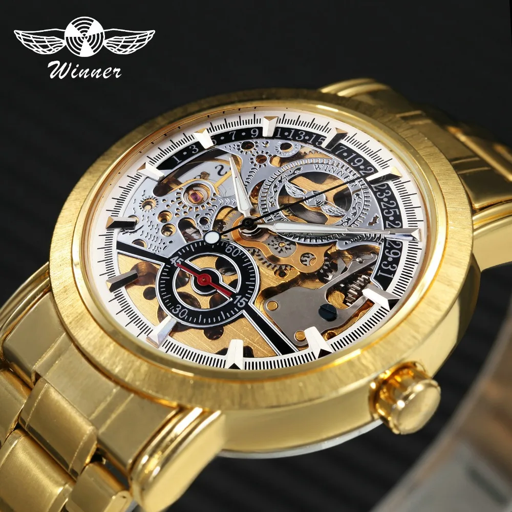 Часы наручные WINNER Мужские механические брендовые роскошные золотистые