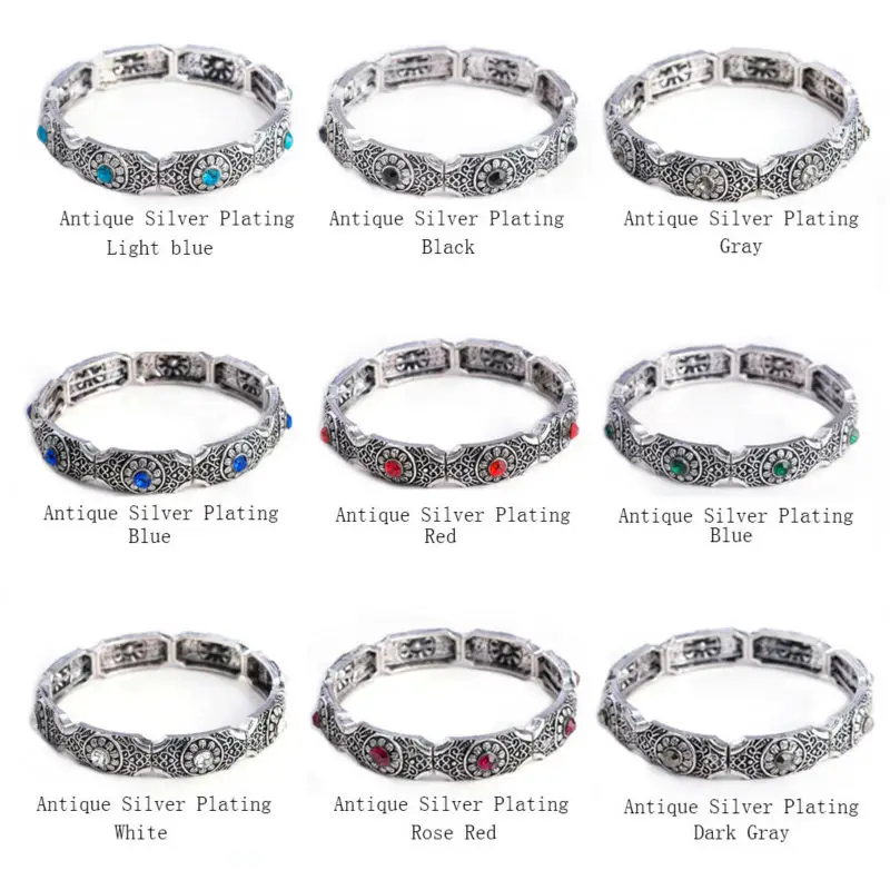 Модный винтажный античный серебряный эластичный браслет для женщин 9 цветов