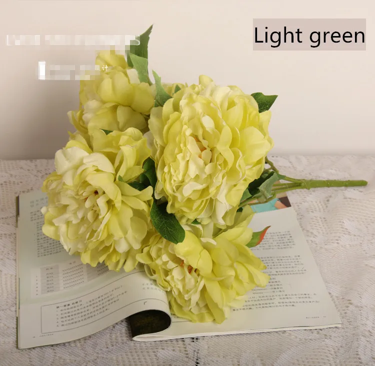 Light green 5 голов большой пион, искусственные цветы высококачественный Шелковый Свадебный букет домашние декоративные искусственные цветы подарок на день Святого Валентина - Цвет: Light green