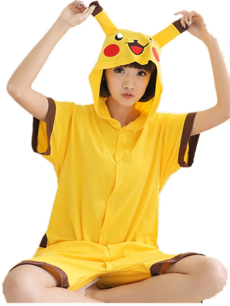 Poke mon Pika chu Anime Cosplay Costume Summer Jumpsuit Short Sleeve Cartoon Animal Pajamas Pyjamas Onesie for Adults Sleepwear |