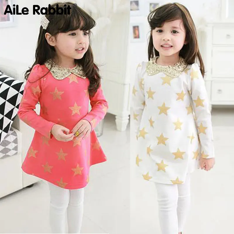 

AiLe Rabbit Kids Spring girls long-sleeved dress Sequined collar dress pentagram stars Princess dress party dress k1