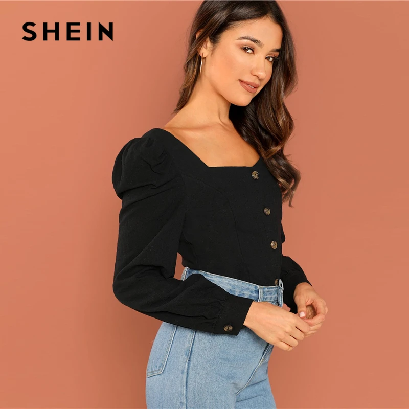 SHEIN Блузка На Пуговицах С Квадратным Вырезом И Оригинальным Рукавом Женский Осенний Черный Элегантный Топ С Длинными Рукавами