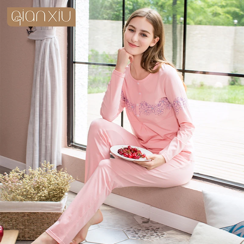 Пижамный комплект женский с длинным рукавом Стильный хлопковый круглым вырезом