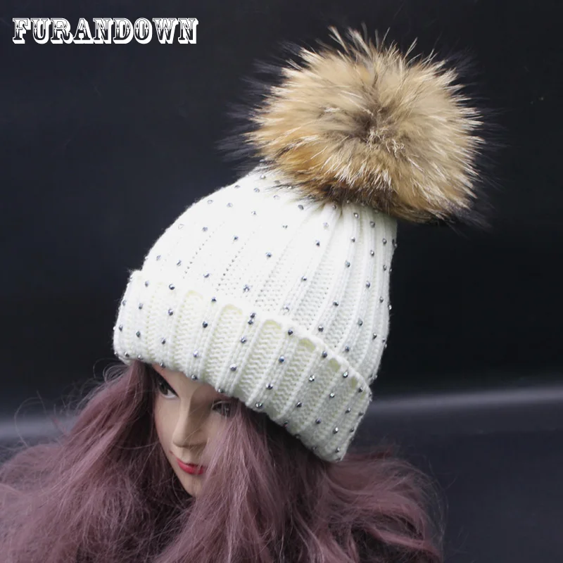 2019 New Fashion Women Winter Rhinestone Beanie Hats Big Pompon Beanie Caps Big 18cm Real Fur Pompom Hat For Women