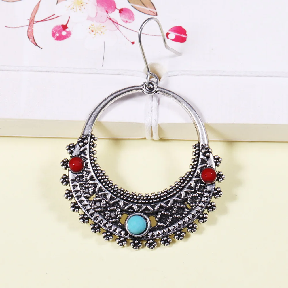 HC Vintage Silver Color Round Drop Statement Earrings Women Bohemian Enamel Flower Carved Antique Girl Boho F | Украшения и