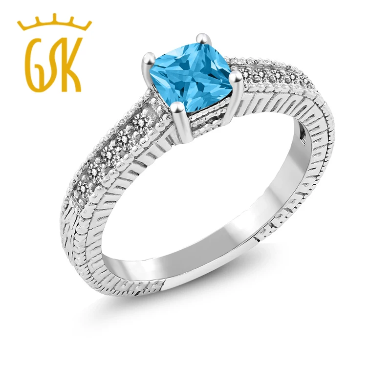 GemStoneKing 0 97 Ct Принцесса Природный Голубой топаз белый бриллиант 925 серебро