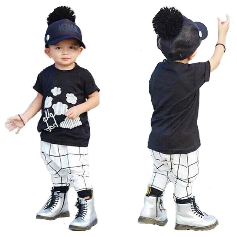 

SOSOCOER Boy Girl Clothing Sets Summer Stripe Letter Short Sleeve T-shirt+Plaid Harem Pants 2pcs Kids Baby Clothes Outfits Set
