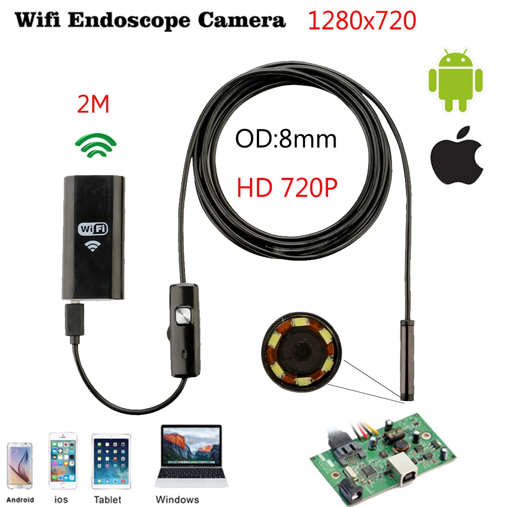 JCWHCAM 8 мм Len Wifi Android Ios эндоскоп камера 1 м 2 Водонепроницаемая трубка змеиная труба