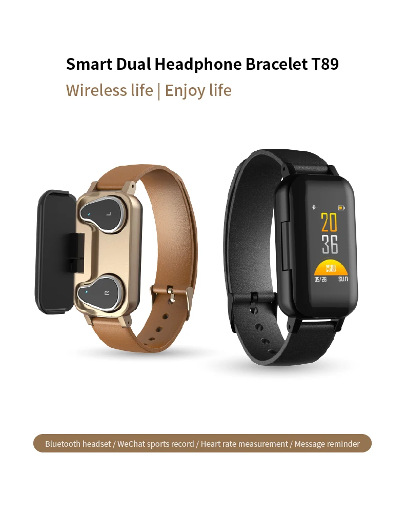 T89 Tws Smart Binaural Bluetooth 5.0 Earbuds Wristband With Rate Monitor Smart Band Sport Watch Life Waterproof TWS Earphone
