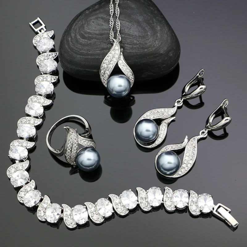 

925 Silver Party Jewelry Sets For Women White Cubic Zirconia Grey Pearl Earrings Ring Bracelet Necklace Pendant Set