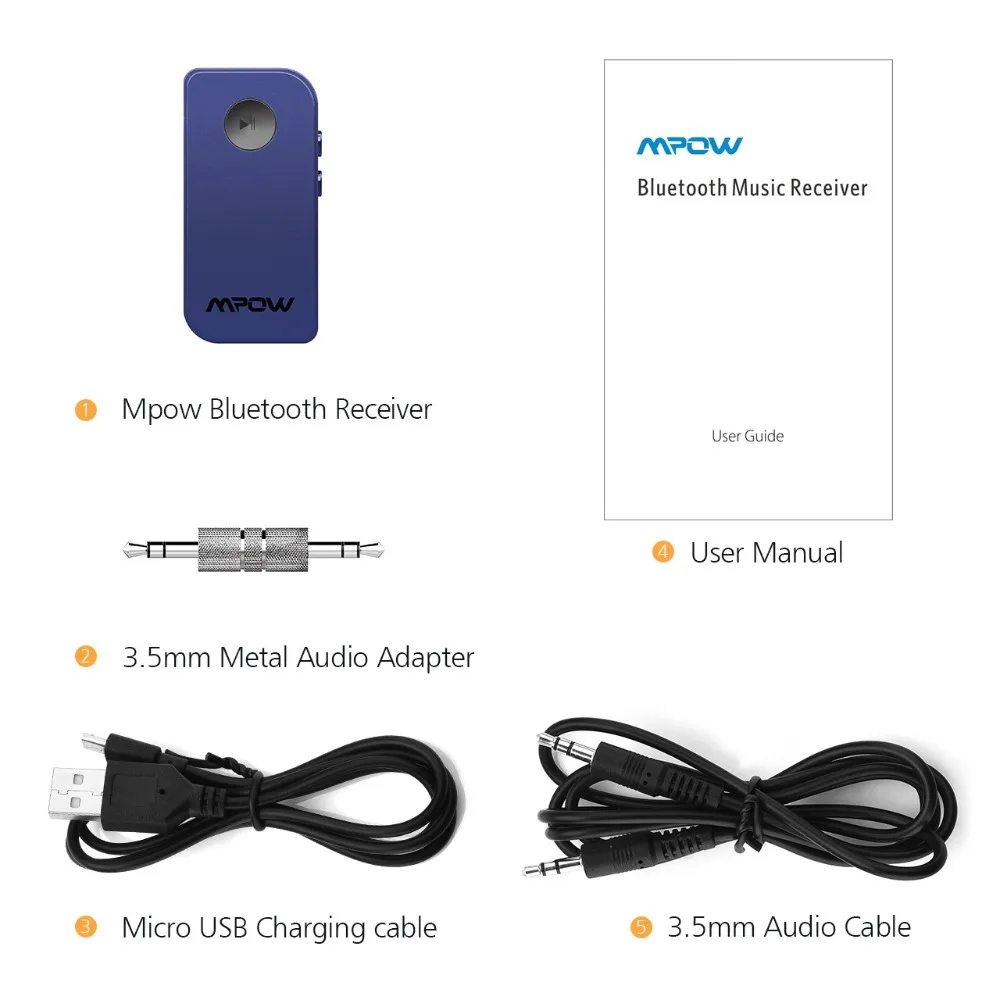 Mpow беспроводной bluetooth-приемник 3,5 мм разъем Bluetooth аудио музыкальный приемник адаптер с автомобильным Aux кабелем для наушников и динамиков