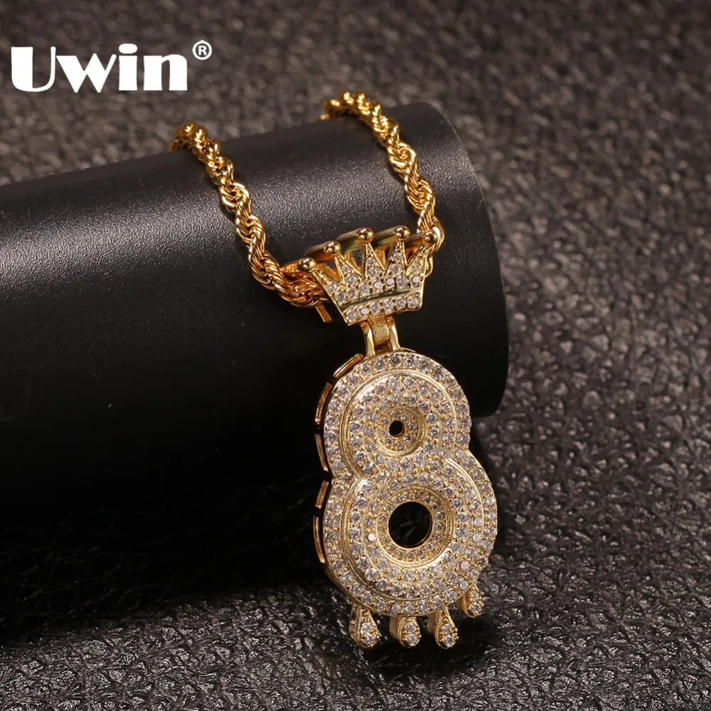 Ожерелье UWIN в стиле хип-хоп с короной и цифрами украшенное фианитом золотистая