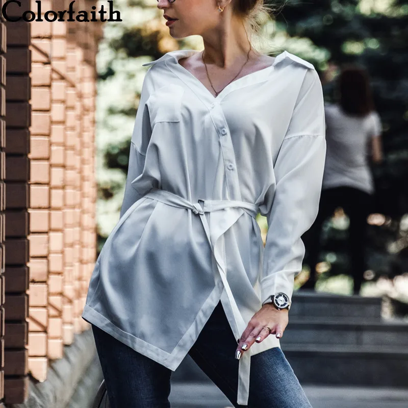 Colorfaith женские длинные блузки 2021 весна лето Асимметричные пуговицы элегантные