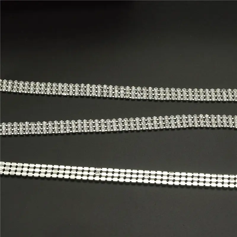 2Yard 3mm 3Rows Crystal Glass Rhinestone Chain Silver Base with Claw Dress Jewelry Decoration Trim Applique Sew on Rhinestone