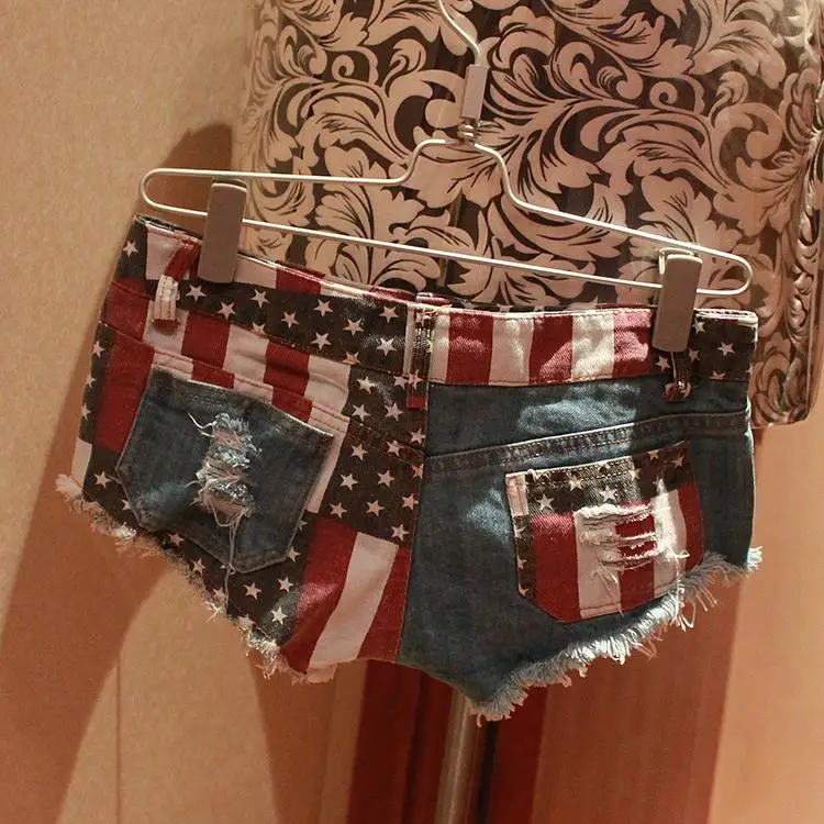 

Women Denim Short Pants New Sexy Short Jeans Fashion Summer Girl Low Waist Denim Shorts Slim Fit Skinny US Flag Shorts Plus Size