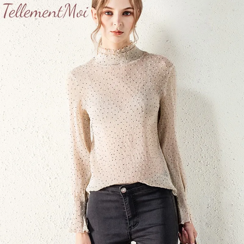 Spring Summer Sexy Sheer Shirt Women Turtleneck Tops Chiffon Ruffled Long Sleeve Slim Ladies Streetwear Tees Sweet Blouse Shirts |