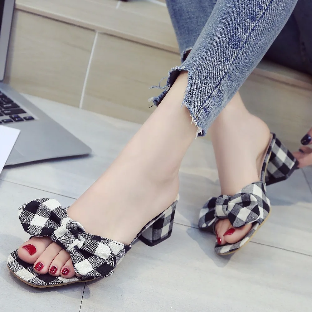2018 г. летние женские шлепанцы парусиновые сандалии в клетку с бантом милые туфли